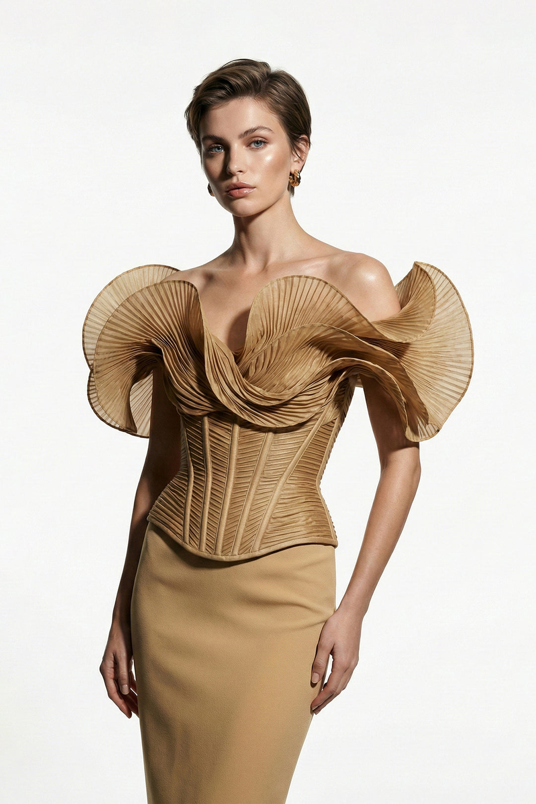 Off-The-Shoulder Column Dress with Sculpted Pleated Sleeves