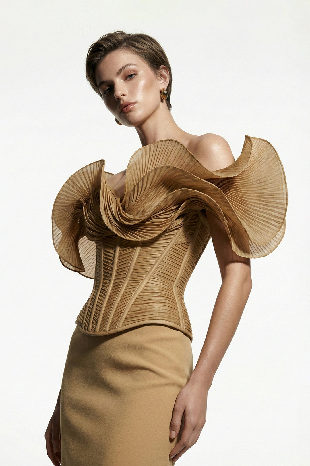 Off-The-Shoulder Column Dress with Sculpted Pleated Sleeves
