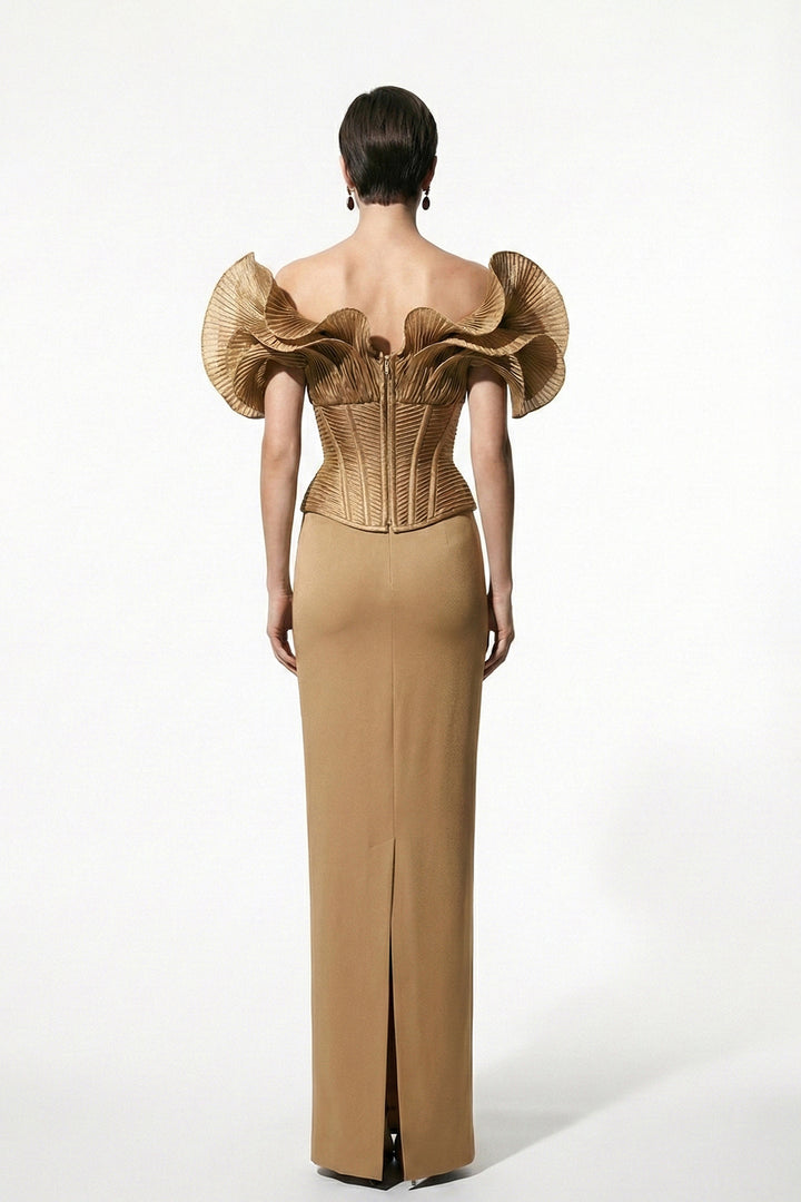 Off-The-Shoulder Column Dress with Sculpted Pleated Sleeves