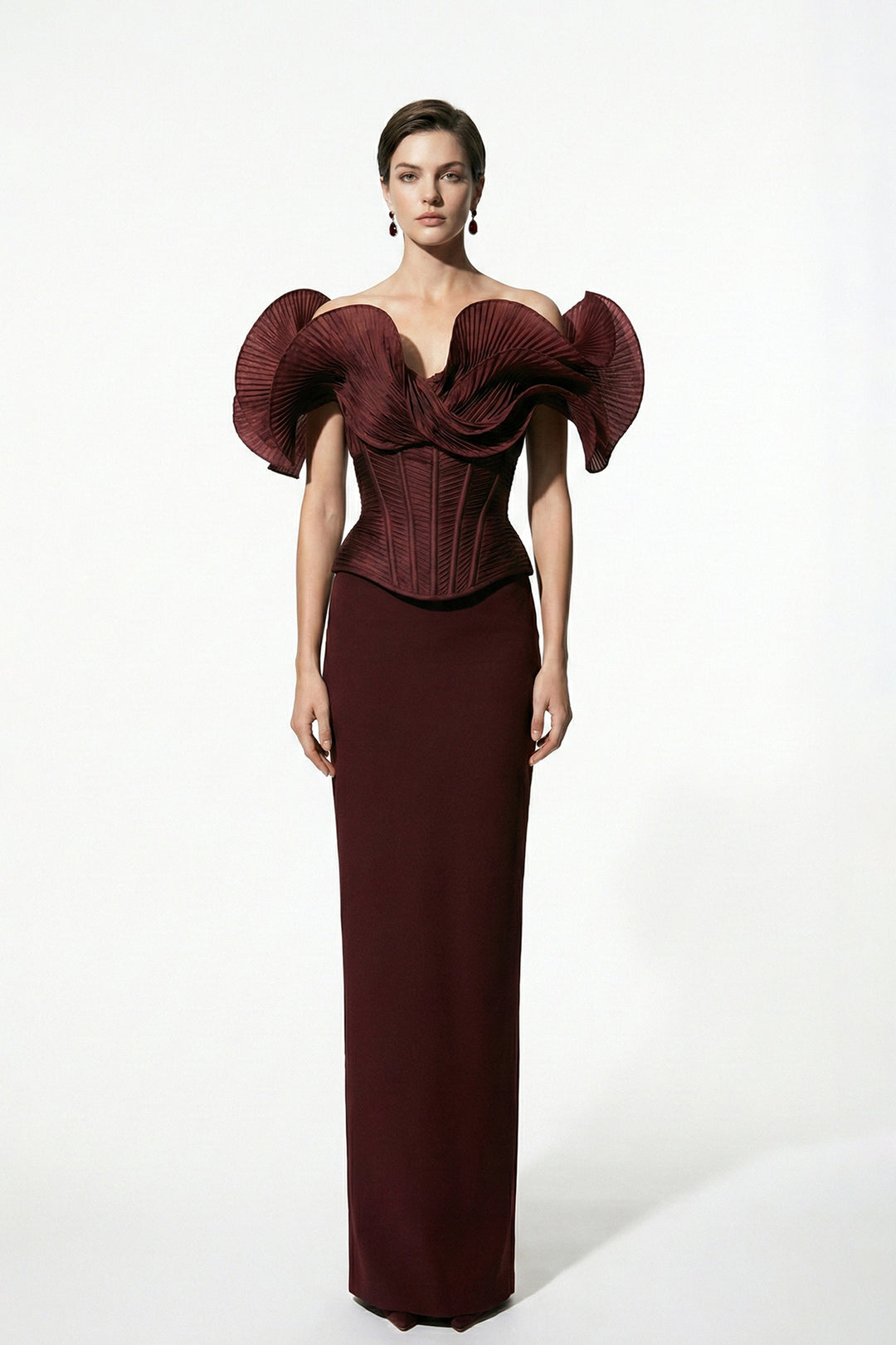 Off-The-Shoulder Column Dress with Sculpted Pleated Sleeves