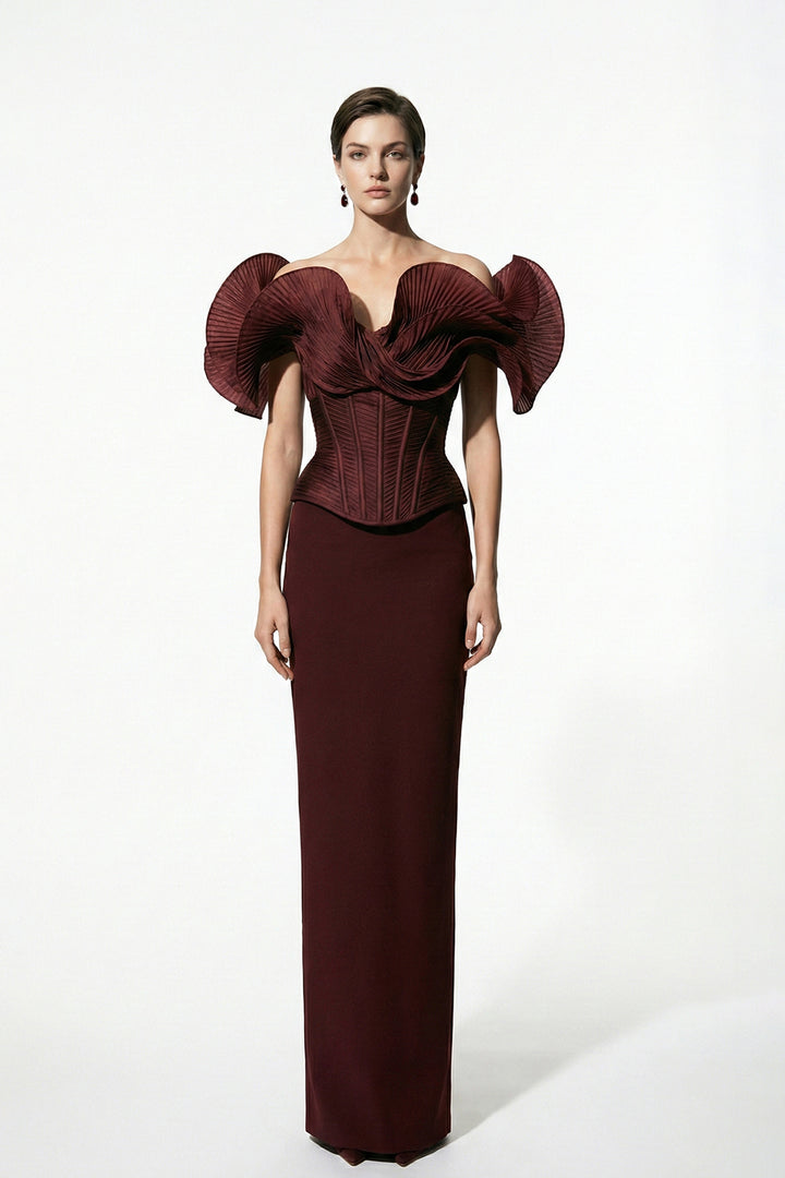 Off-The-Shoulder Column Dress with Sculpted Pleated Sleeves