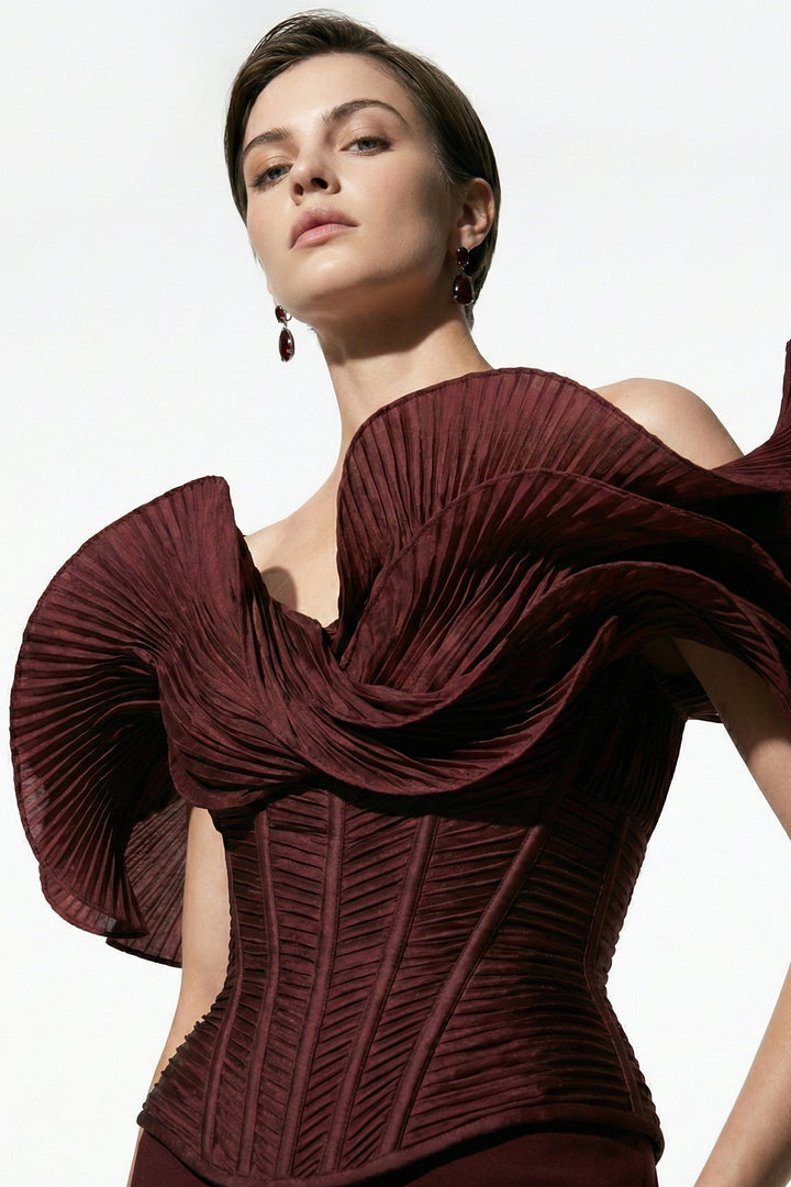 Off-The-Shoulder Column Dress with Sculpted Pleated Sleeves
