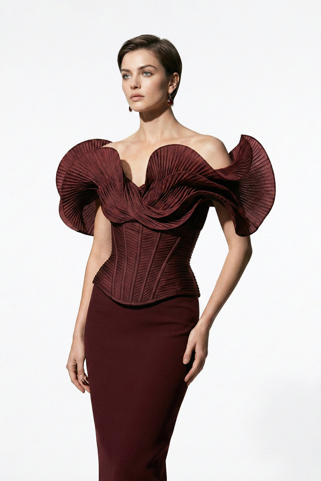 Off-The-Shoulder Column Dress with Sculpted Pleated Sleeves