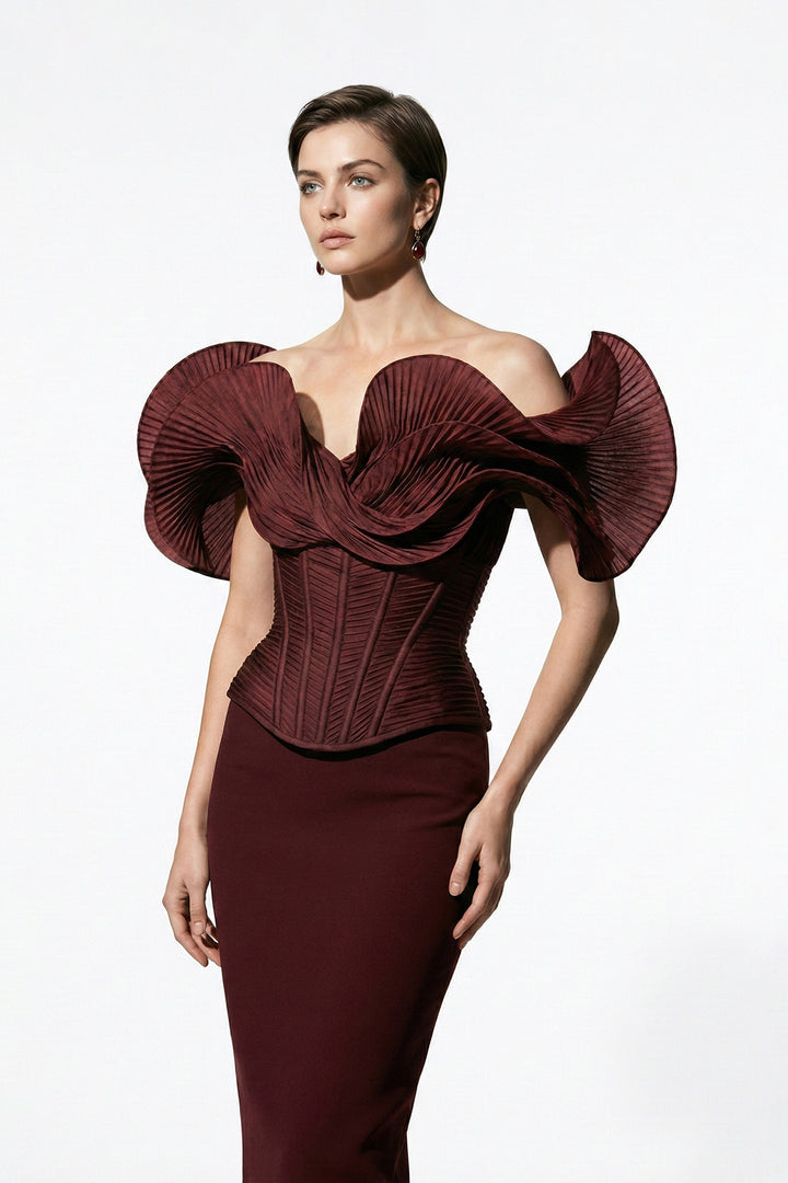 Off-The-Shoulder Column Dress with Sculpted Pleated Sleeves