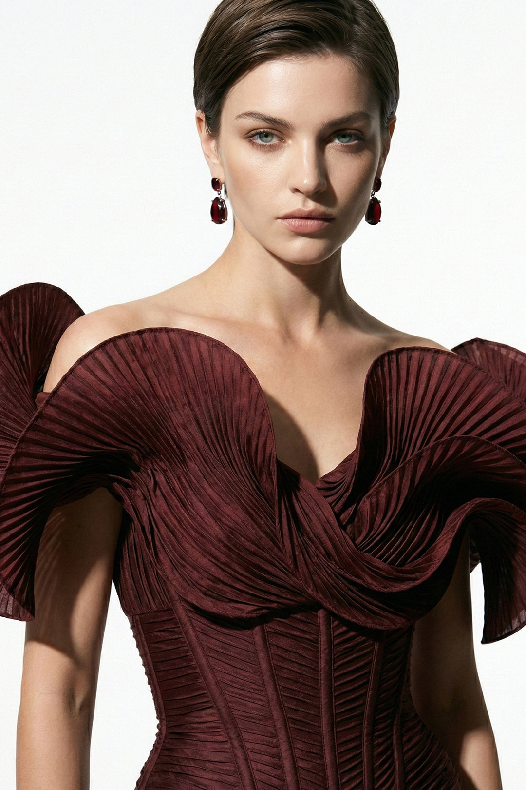 Off-The-Shoulder Column Dress with Sculpted Pleated Sleeves