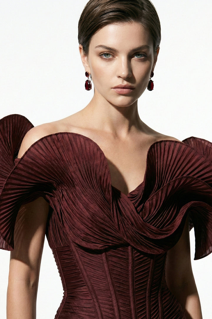 Off-The-Shoulder Column Dress with Sculpted Pleated Sleeves