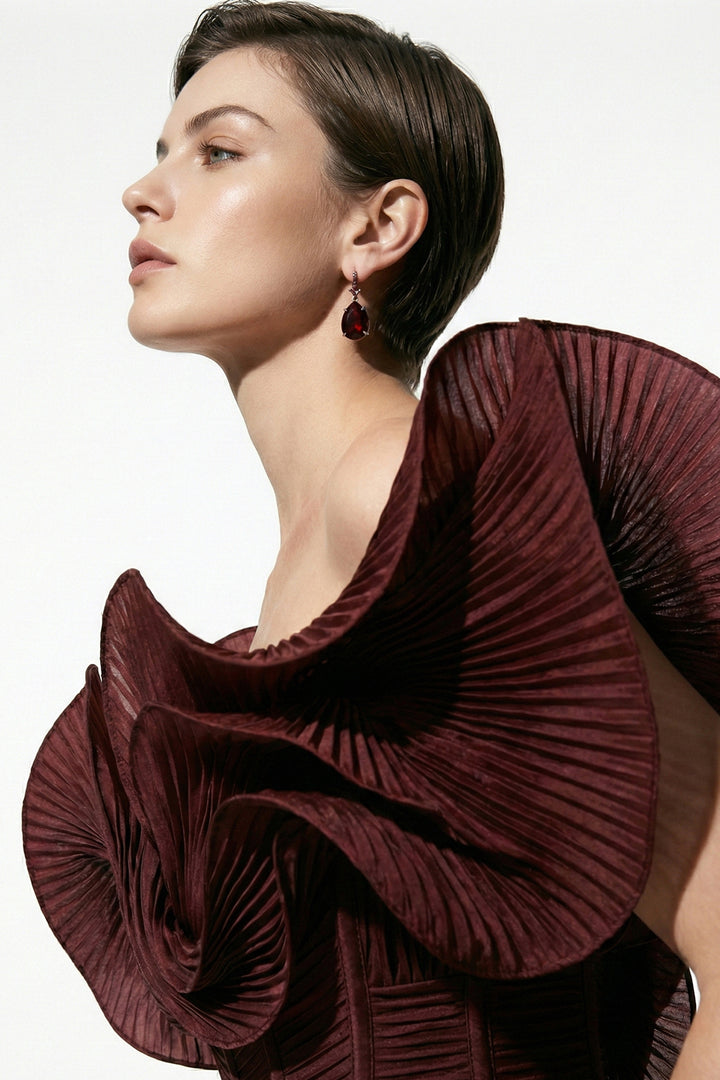 Off-The-Shoulder Column Dress with Sculpted Pleated Sleeves