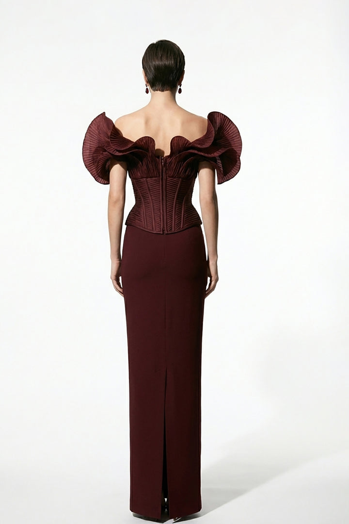 Off-The-Shoulder Column Dress with Sculpted Pleated Sleeves