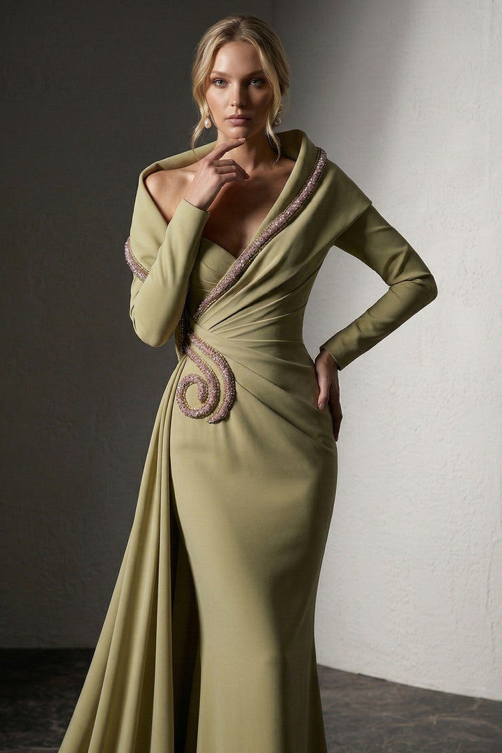 Embellished Asymmetrical Draped Mermaid Dress