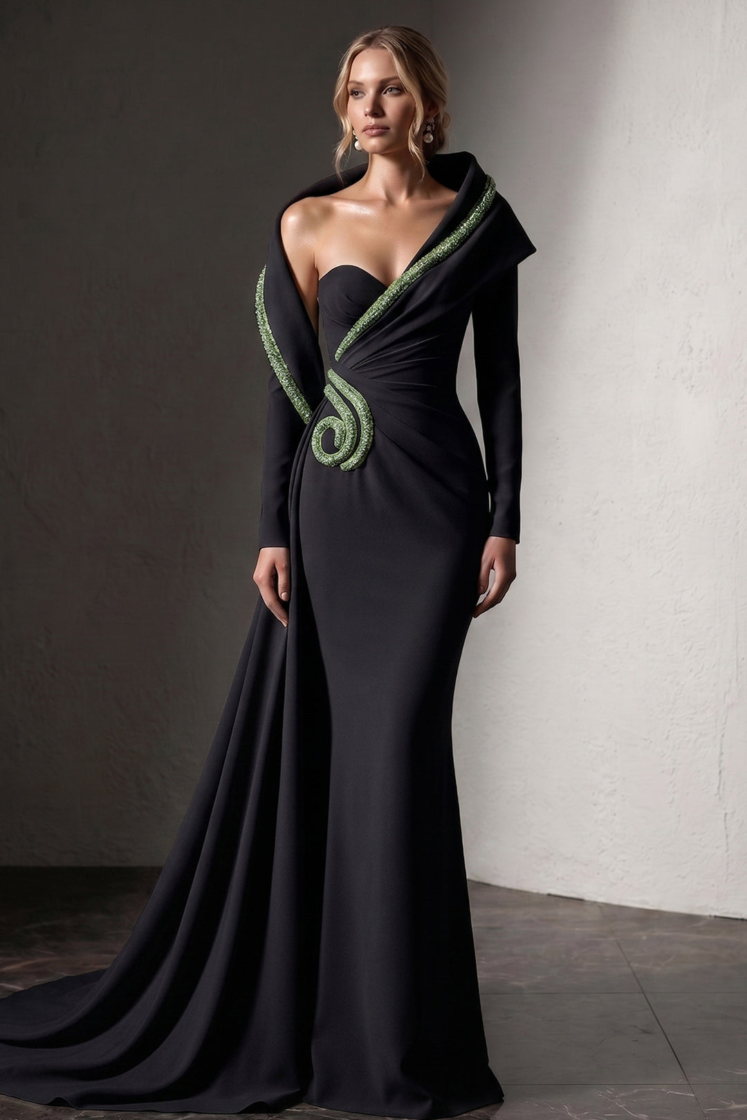 Embellished Asymmetrical Draped Mermaid Dress