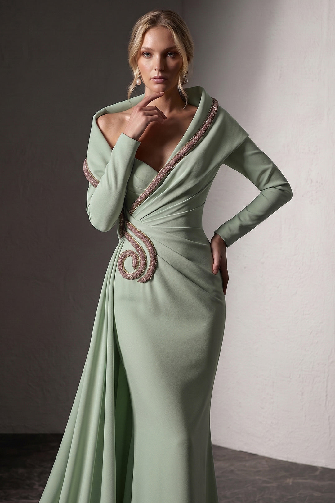 Embellished Asymmetrical Draped Mermaid Dress