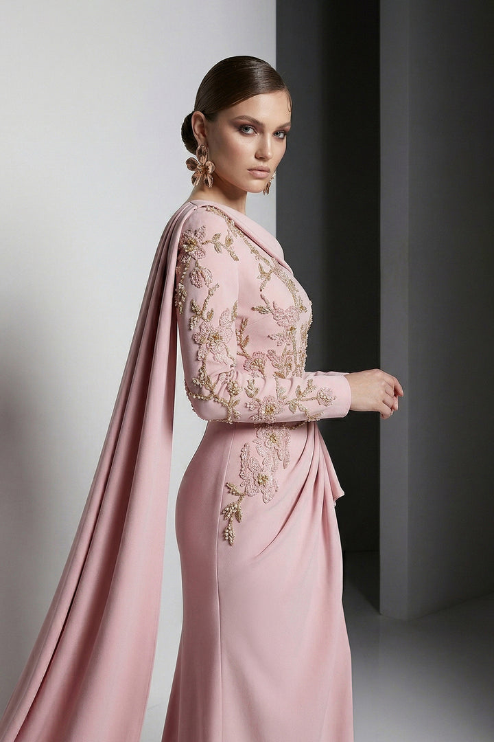 Column Dress with Off-The-Shoulder Embroidered Bodice