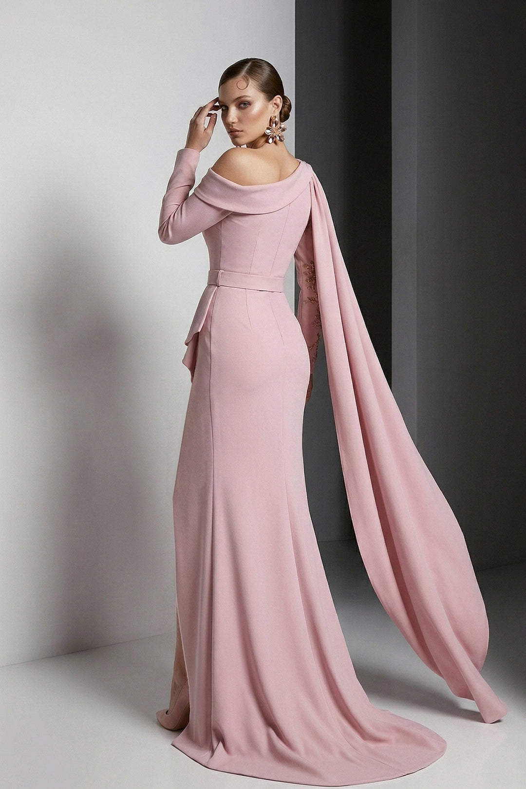 Column Dress with Off-The-Shoulder Embroidered Bodice