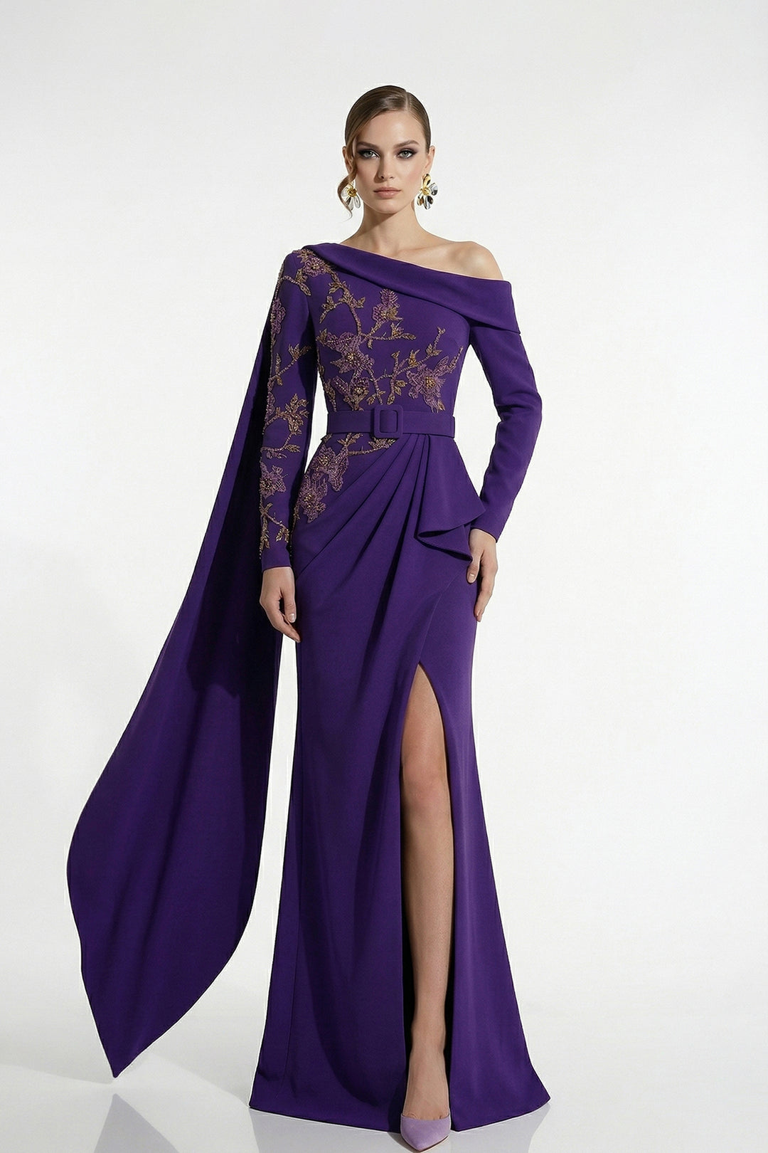 Column Dress with Off-The-Shoulder Embroidered Bodice