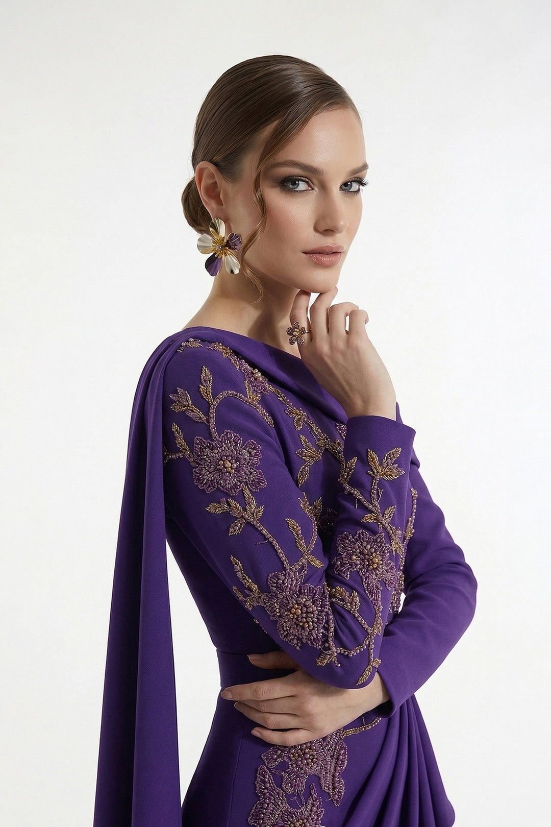 Column Dress with Off-The-Shoulder Embroidered Bodice