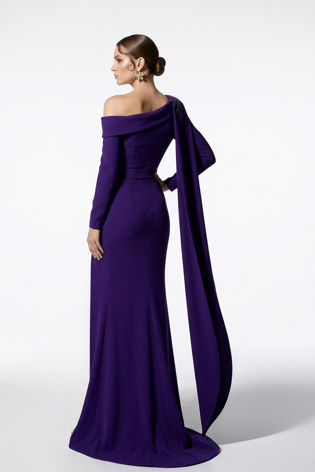 Column Dress with Off-The-Shoulder Embroidered Bodice