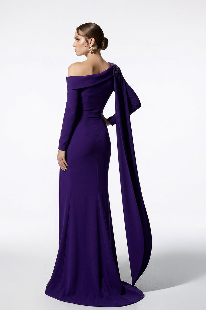 Column Dress with Off-The-Shoulder Embroidered Bodice