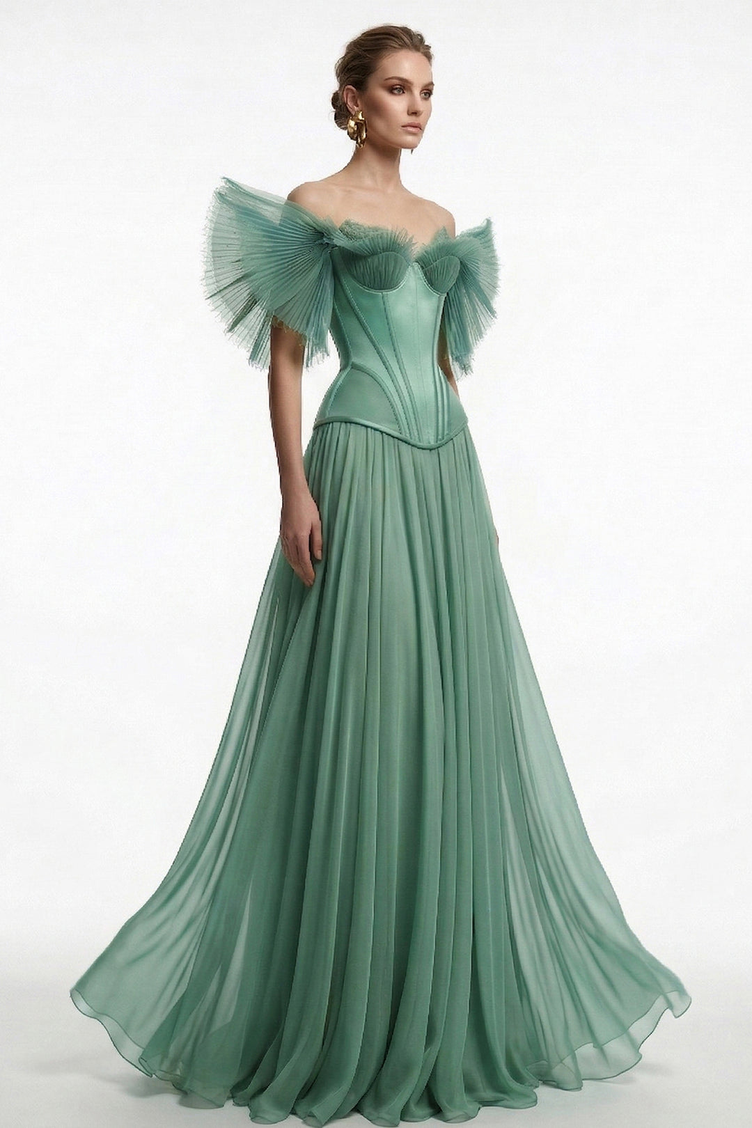 Off-The-Shoulder Pleated Tulle A-Line Dress