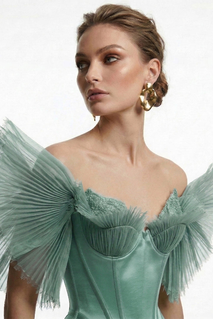Off-The-Shoulder Pleated Tulle A-Line Dress