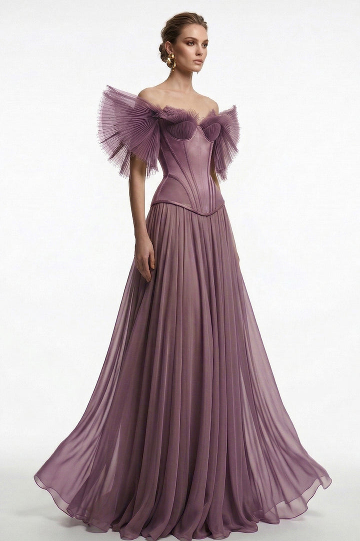 Off-The-Shoulder Pleated Tulle A-Line Dress