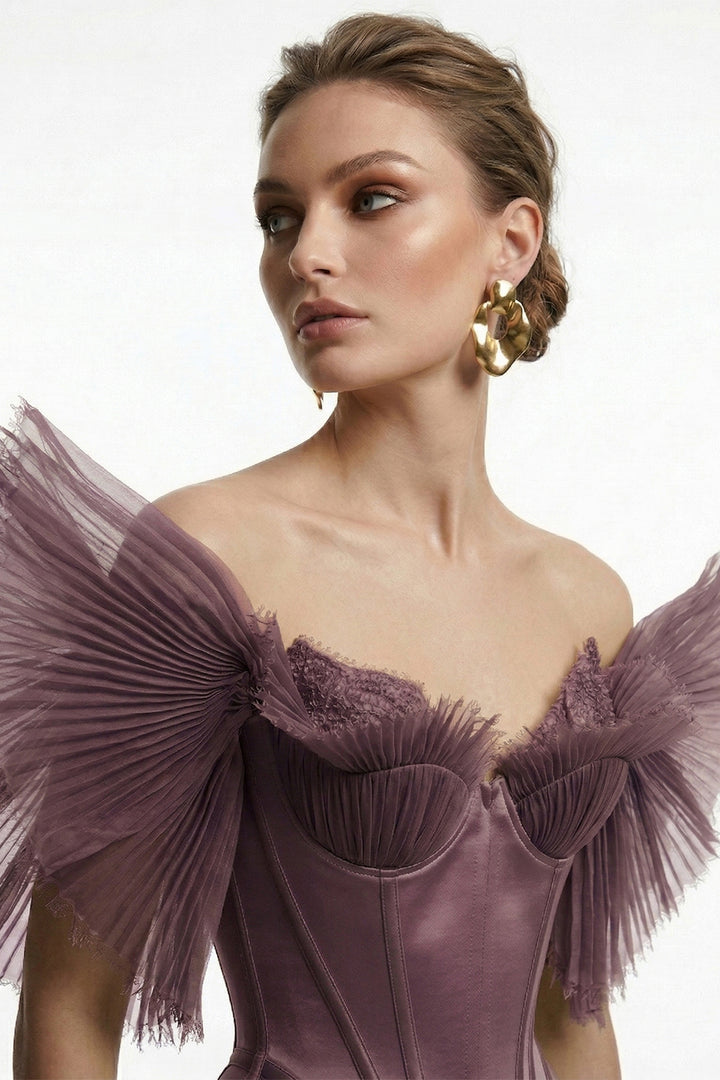 Off-The-Shoulder Pleated Tulle A-Line Dress