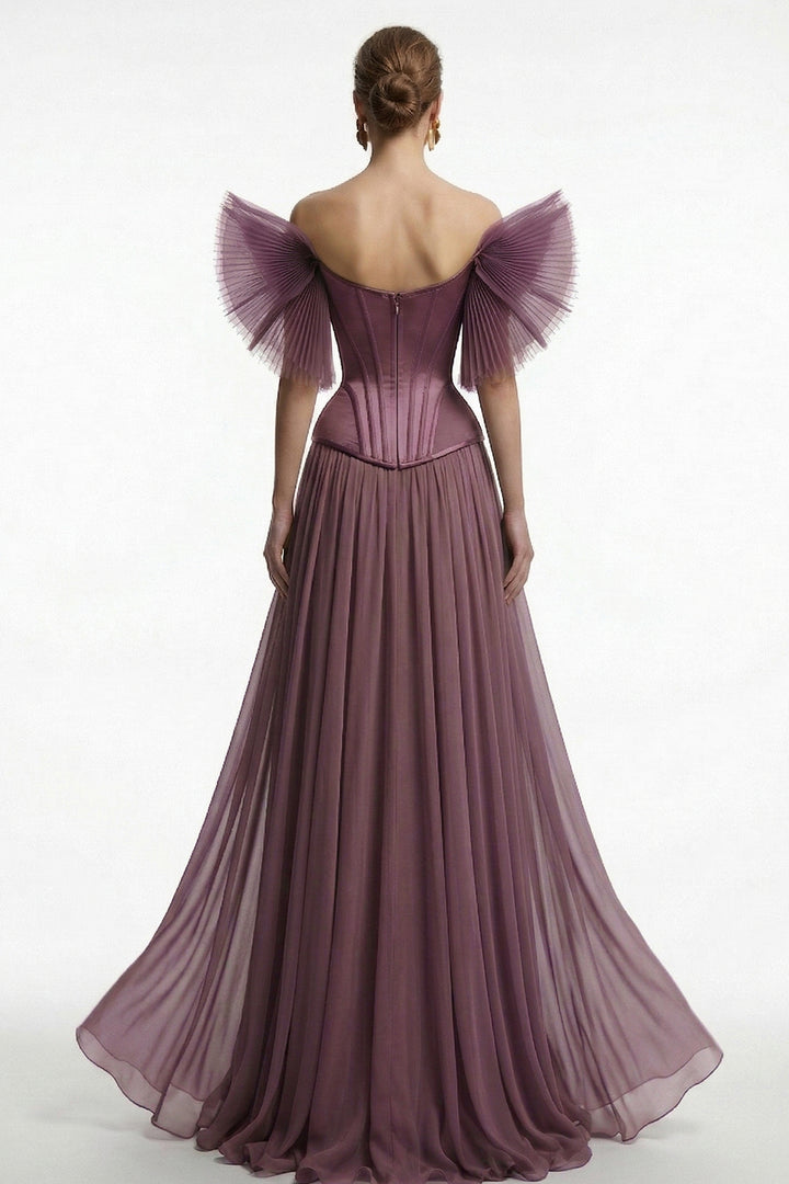 Off-The-Shoulder Pleated Tulle A-Line Dress
