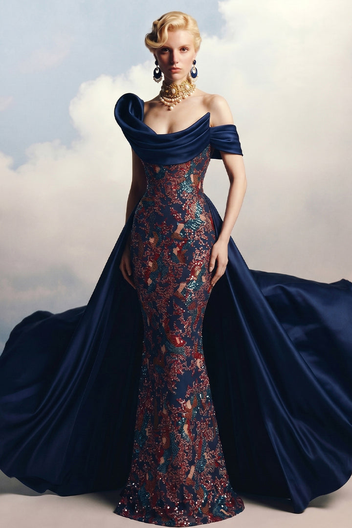 Embellished Off-The-Shoulder Mermaid Dress with Overskirt