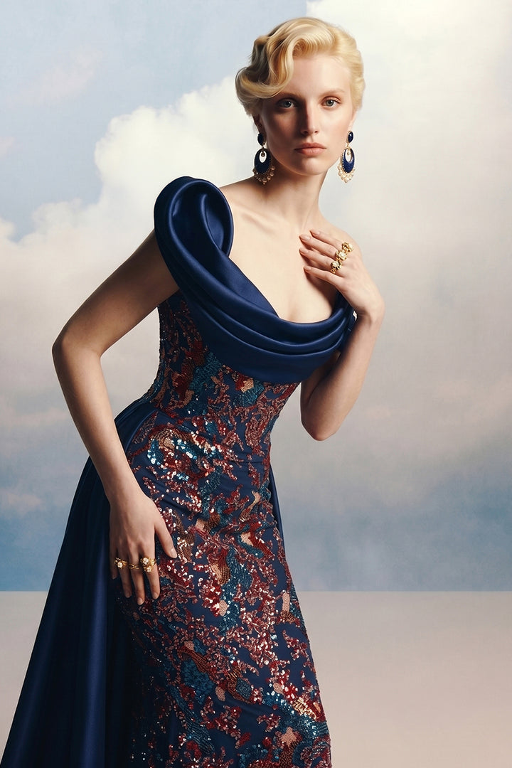 Embellished Off-The-Shoulder Mermaid Dress with Overskirt