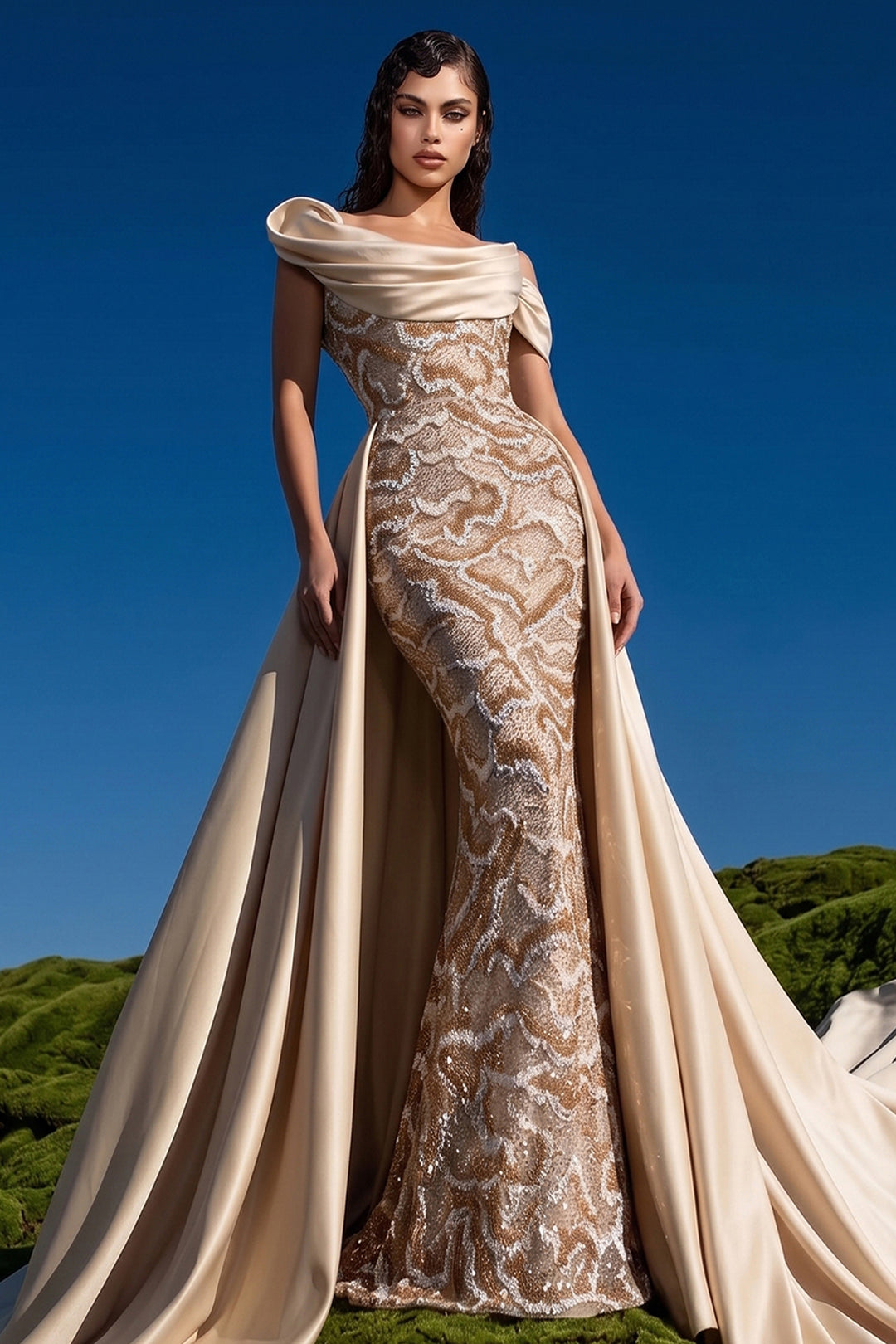 Embellished Off-The-Shoulder Mermaid Dress with Overskirt
