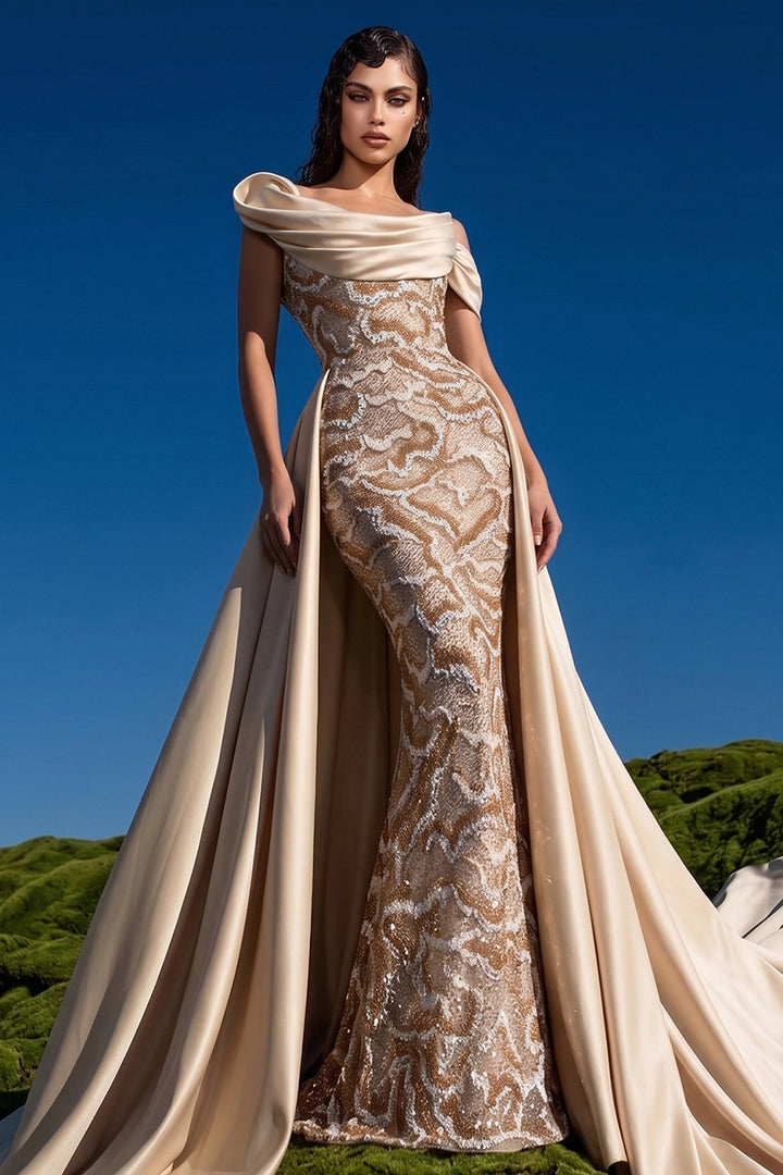 Embellished Off-The-Shoulder Mermaid Dress with Overskirt
