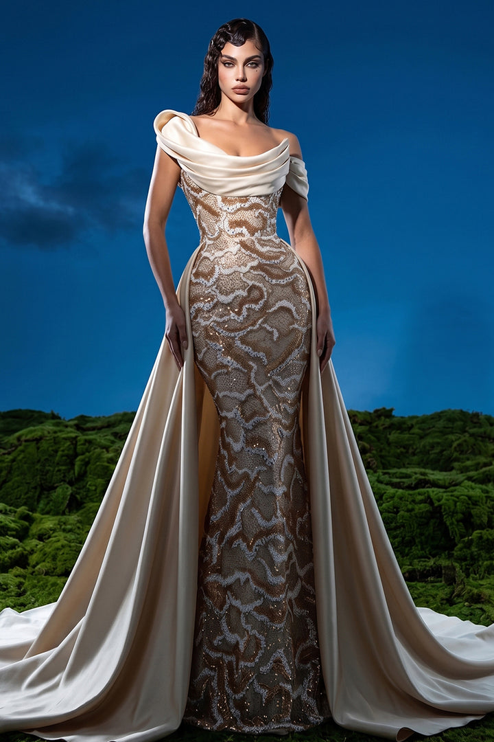 Embellished Off-The-Shoulder Mermaid Dress with Overskirt