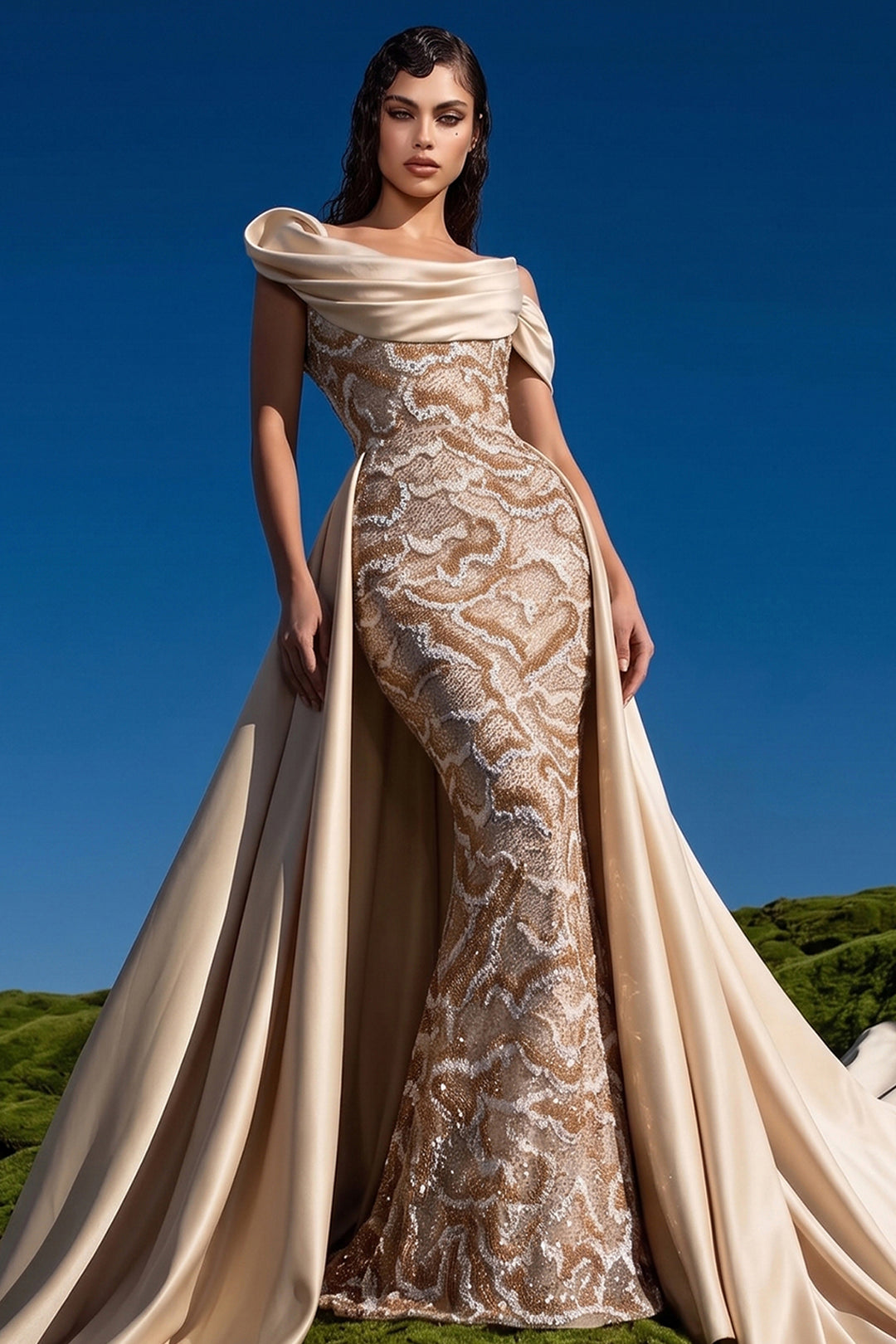Embellished Off-The-Shoulder Mermaid Dress with Overskirt