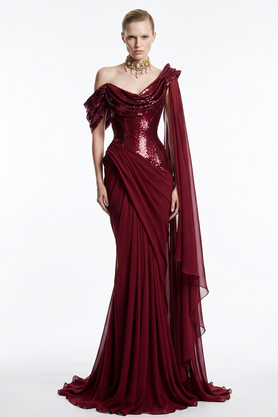 Asymmetrical Draped Cowl Sequinned Chiffon Dress