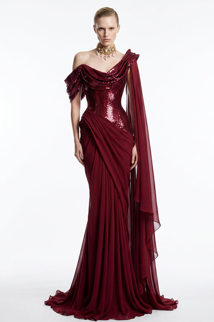 Asymmetrical Draped Cowl Sequinned Chiffon Dress