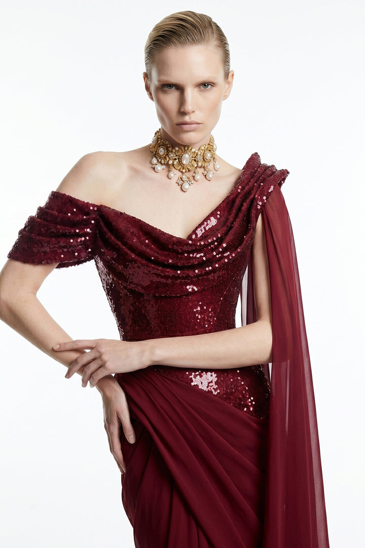 Asymmetrical Draped Cowl Sequinned Chiffon Dress