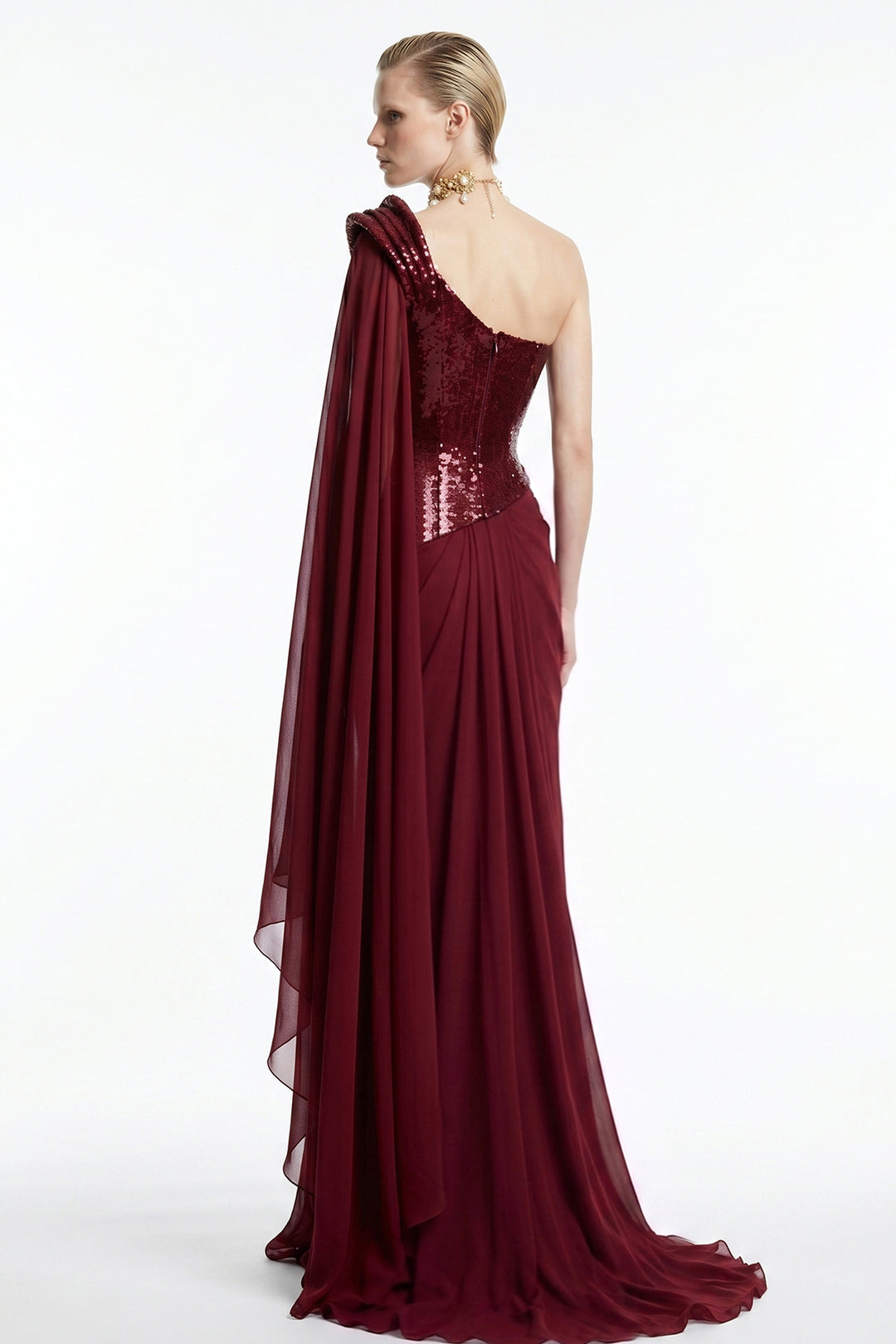 Asymmetrical Draped Cowl Sequinned Chiffon Dress