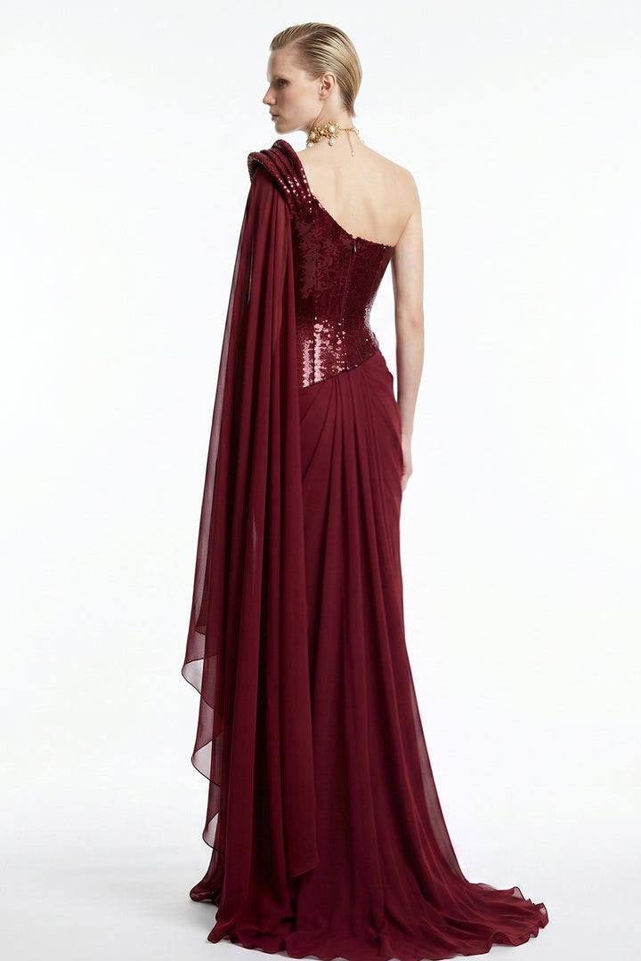 Asymmetrical Draped Cowl Sequinned Chiffon Dress