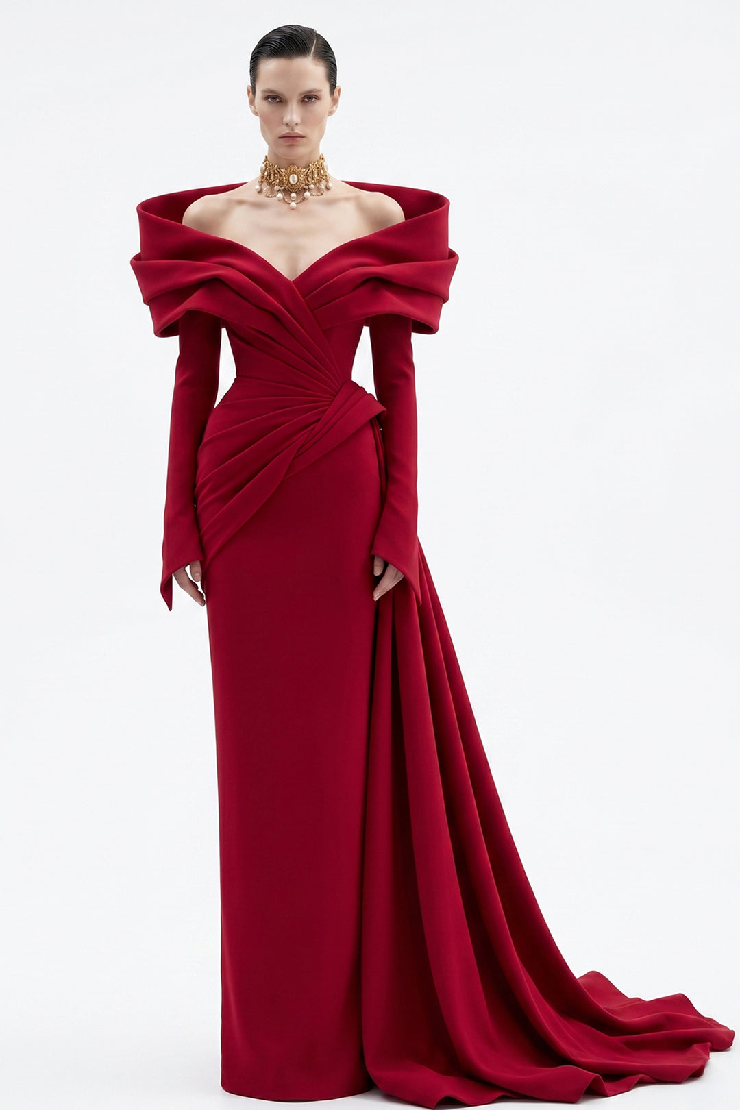 Architectural Off-The-Shoulder Plunging Crepe Dress