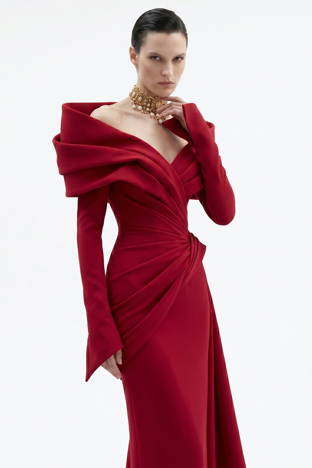 Architectural Off-The-Shoulder Plunging Crepe Dress