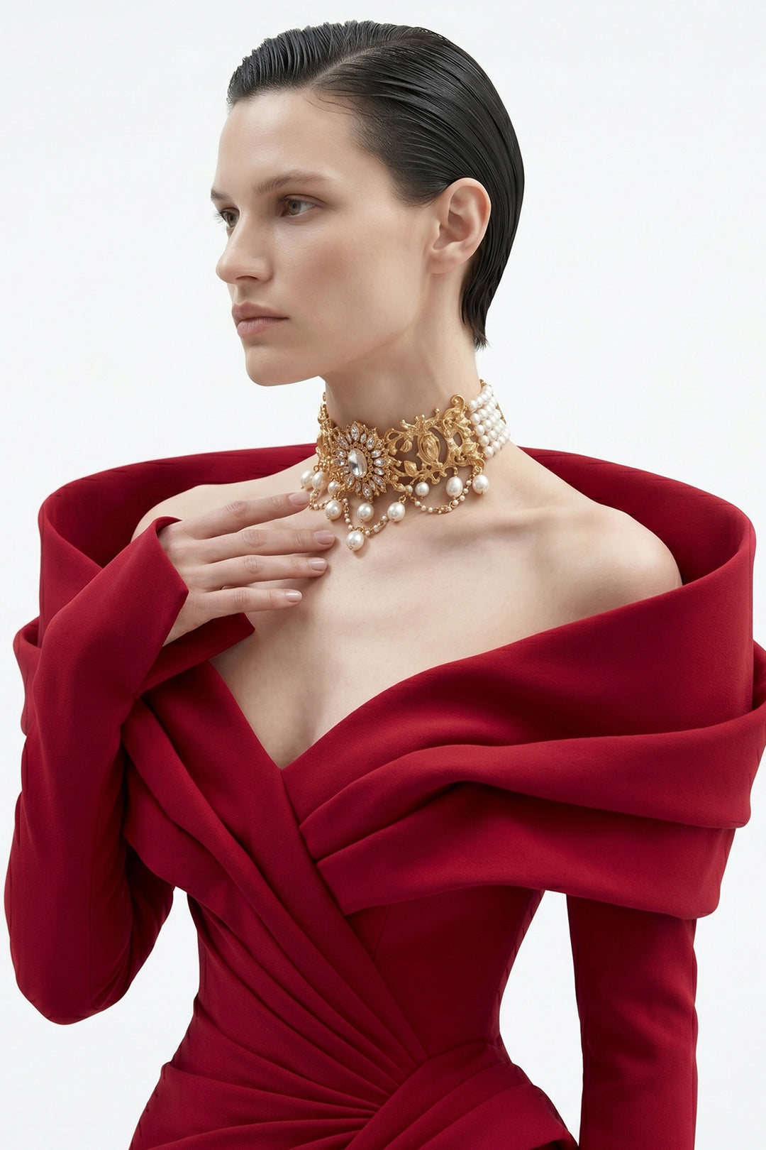 Architectural Off-The-Shoulder Plunging Crepe Dress