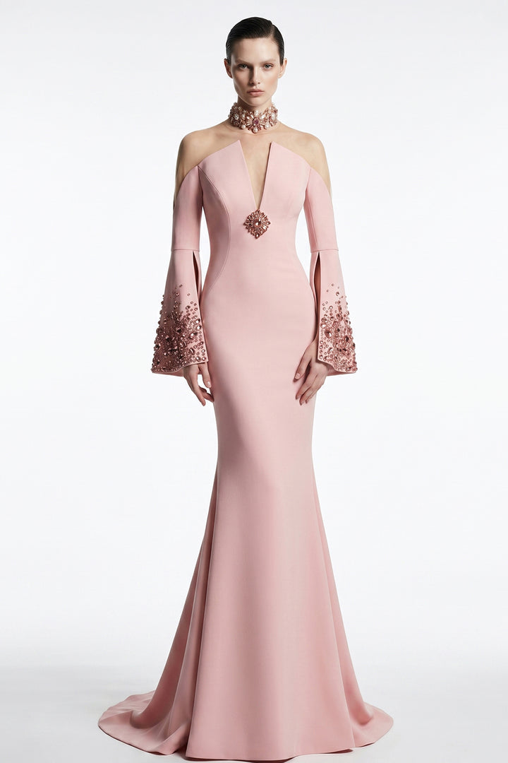 Plunging Illusion Cold-Shoulder Mermaid Dress
