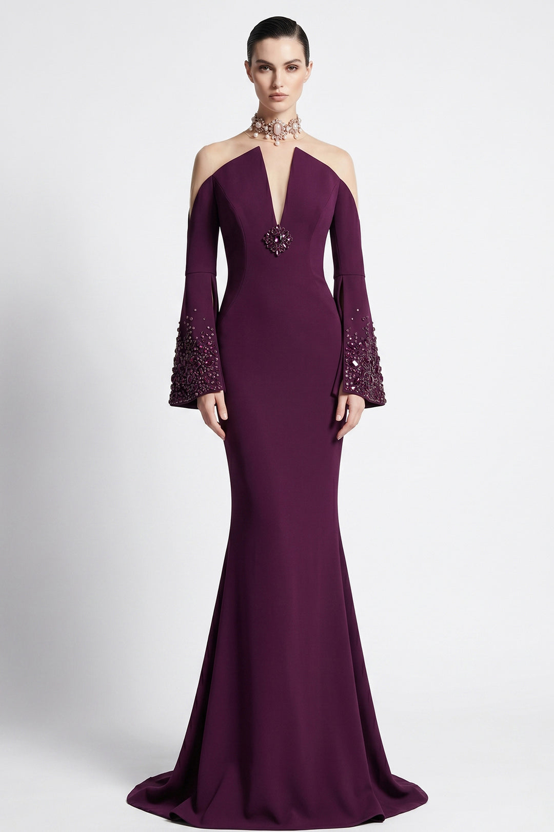 Plunging Illusion Cold-Shoulder Mermaid Dress