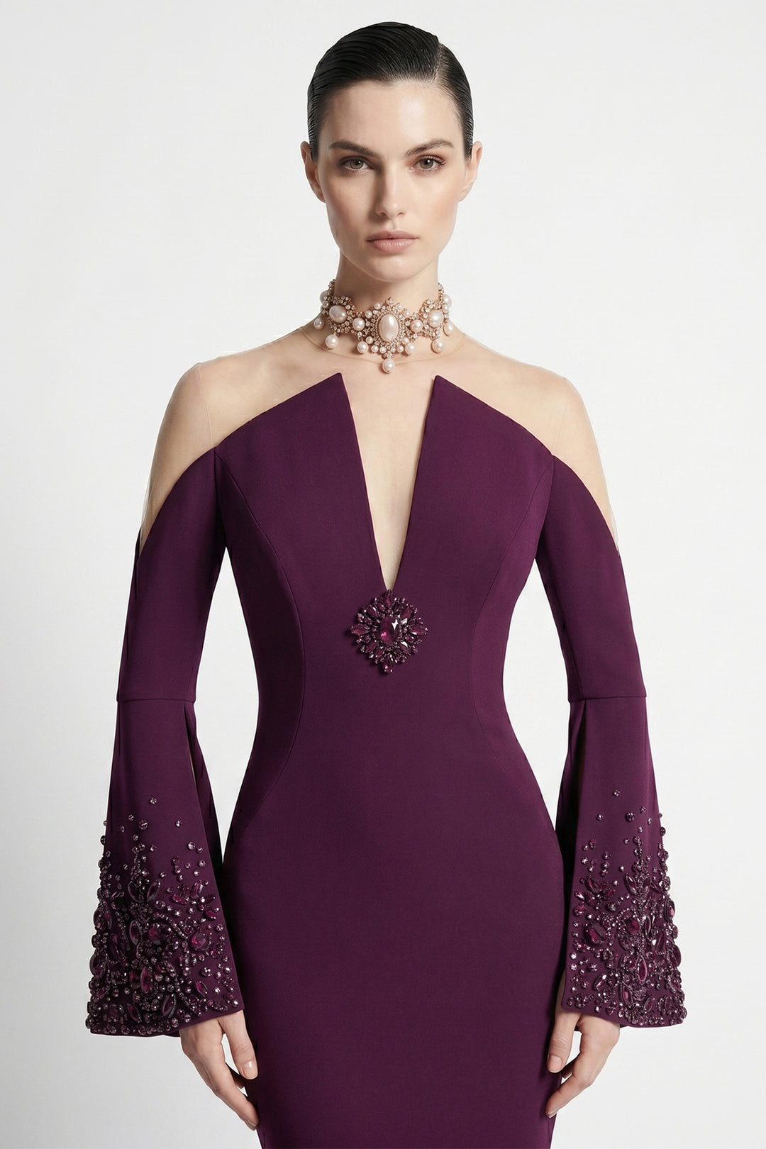 Plunging Illusion Cold-Shoulder Mermaid Dress