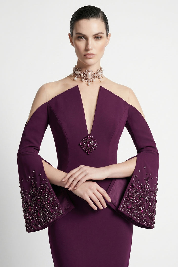 Plunging Illusion Cold-Shoulder Mermaid Dress