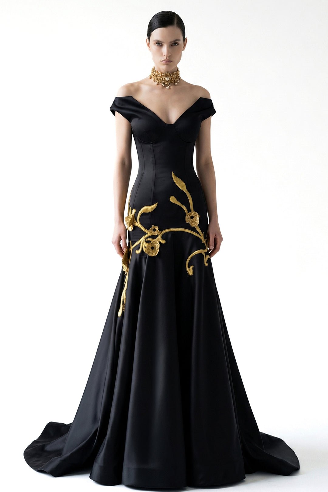 Off-The-Shoulder 3D Embroidered Corset Dress Black / FR 32