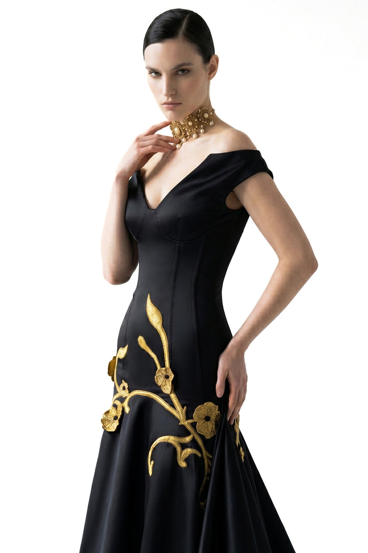 Off-The-Shoulder 3D Embroidered Corset Dress