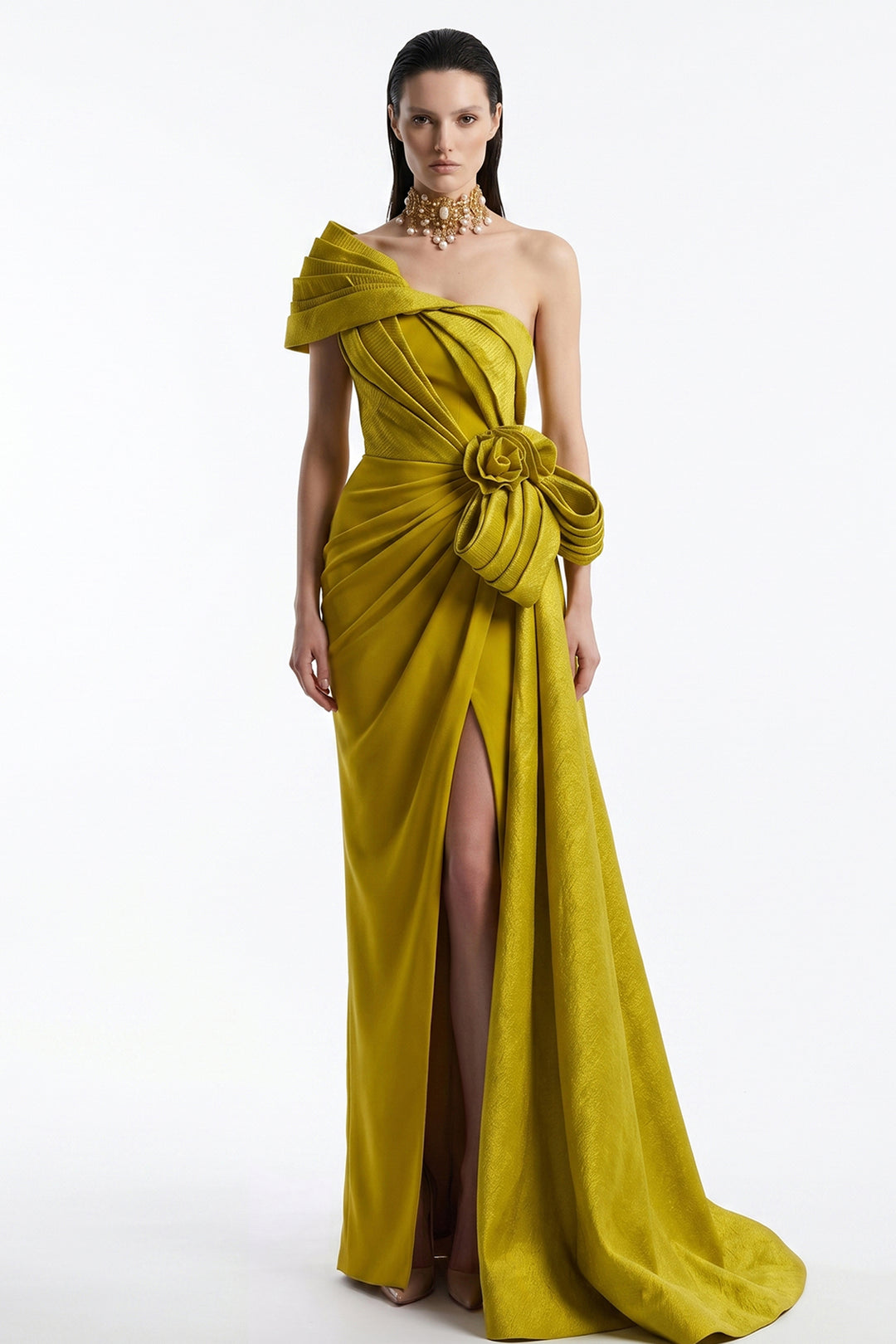 One-Shoulder 3D Rosette Draped Dress