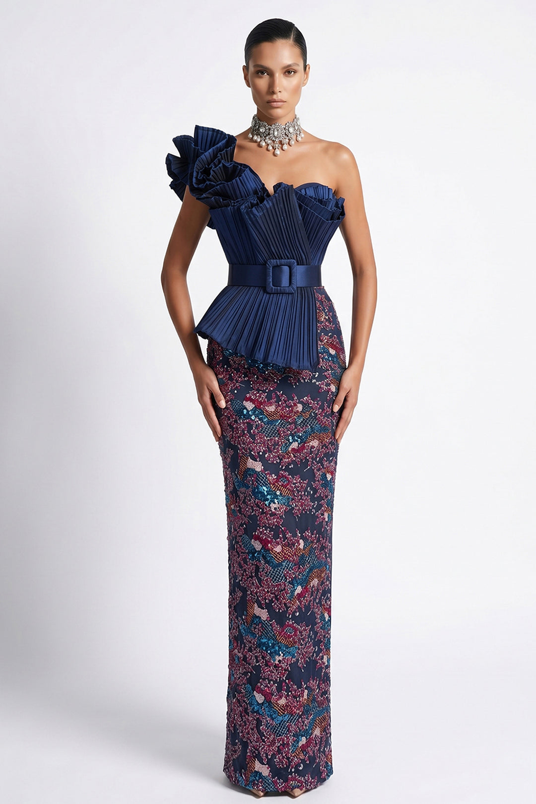 Belted One-Shoulder Pleated Sequinned Dress