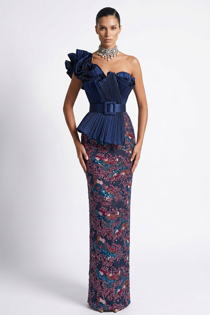 Belted One-Shoulder Pleated Sequinned Dress