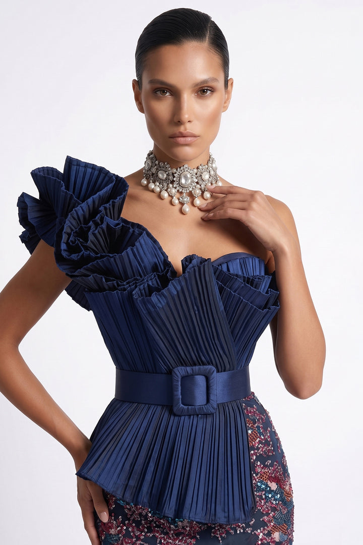 Belted One-Shoulder Pleated Sequinned Dress